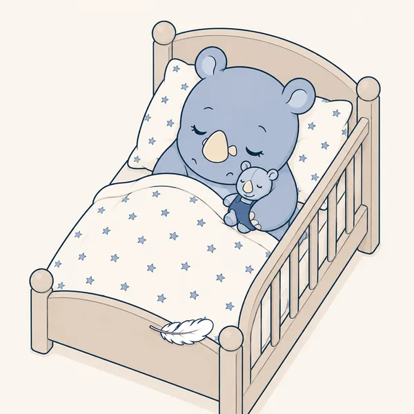 Ein kleines Nashorn schläft in einem Kinderbett mit Sternenbettwäsche