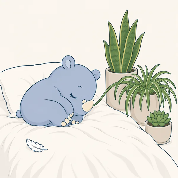 Federico schläft auf einem Bett, daneben stehen drei Zimmerpflanzen